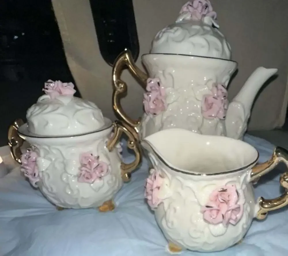 Vintage Cracker Barrel 3-Piece Porcelain Tea Set with Pink Roses and Gold Trim